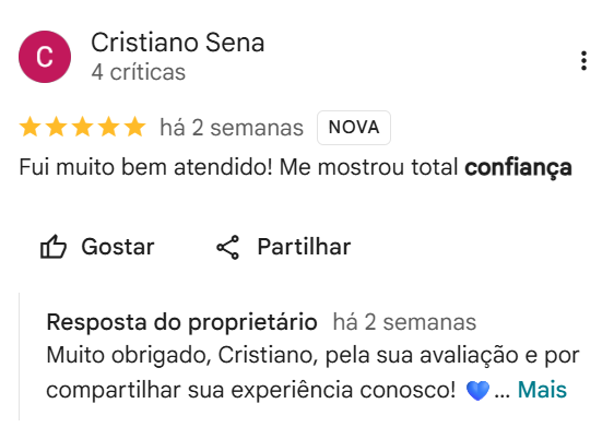 Avaliação cinco estrelas de Cristiano Sena no Google sobre a orientação vocacional de Emanuel Martins