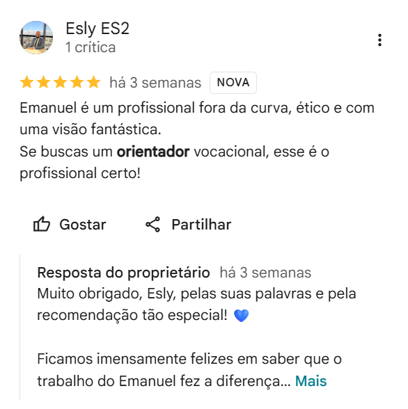 Avaliação cinco estrelas de Esly no Google recomendando Emanuel Martins como orientador vocacional