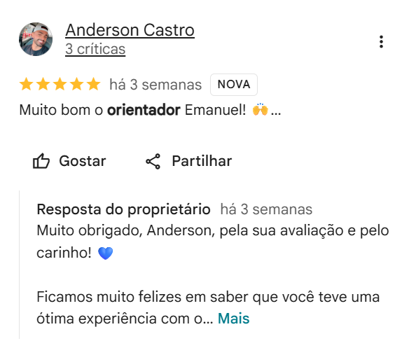 Avaliação cinco estrelas de Anderson Castro no Google elogiando o orientador vocacional Emanuel Martins
