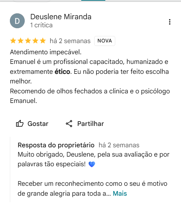 Avaliação cinco estrelas de Deuslene Miranda no Google elogiando o atendimento humanizado e ético de Emanuel Martins
